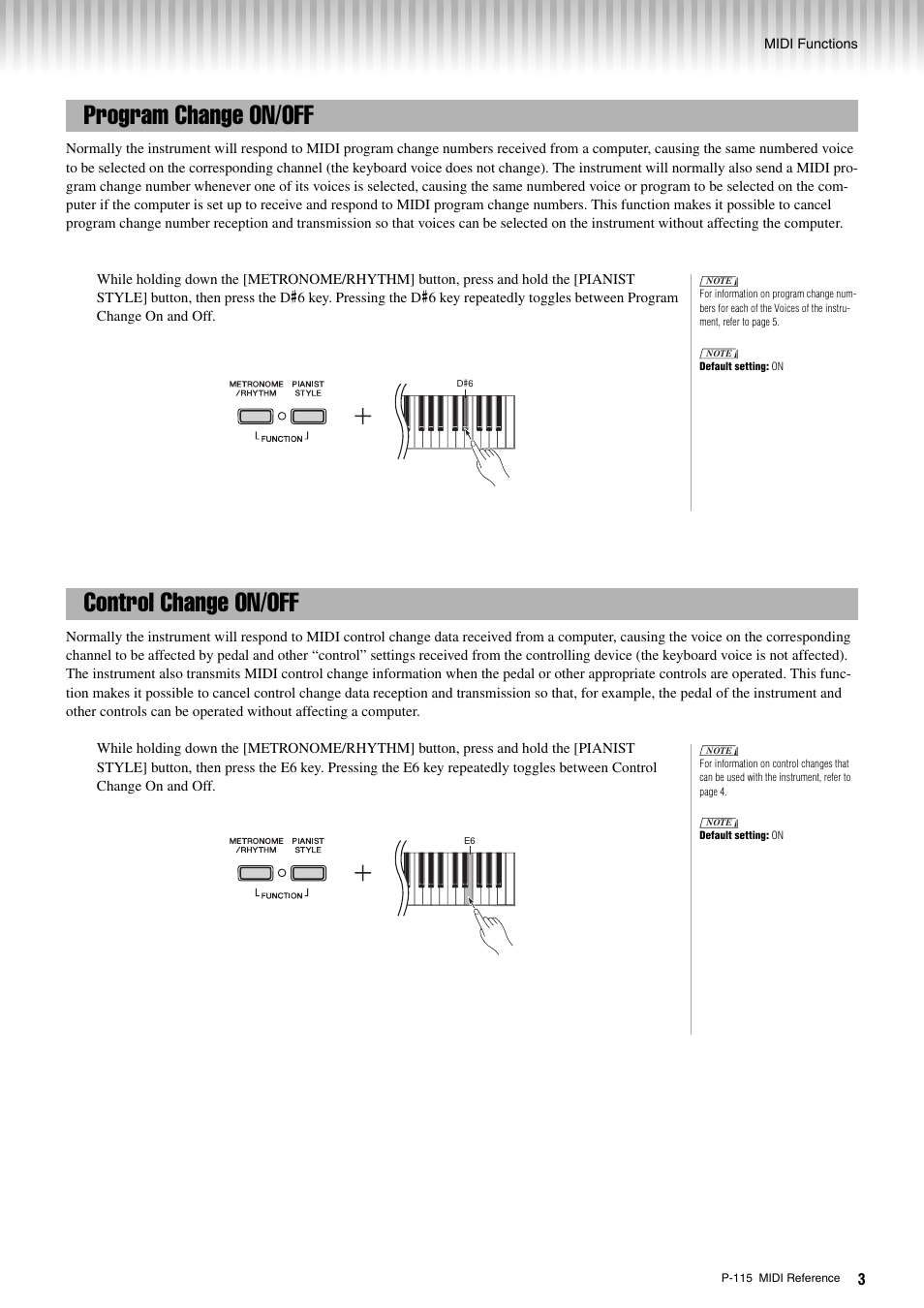 Program change on/off, Control change on/off, Program change on/off control change on/off | Yamaha P-115 User Manual | Page 3 / 8