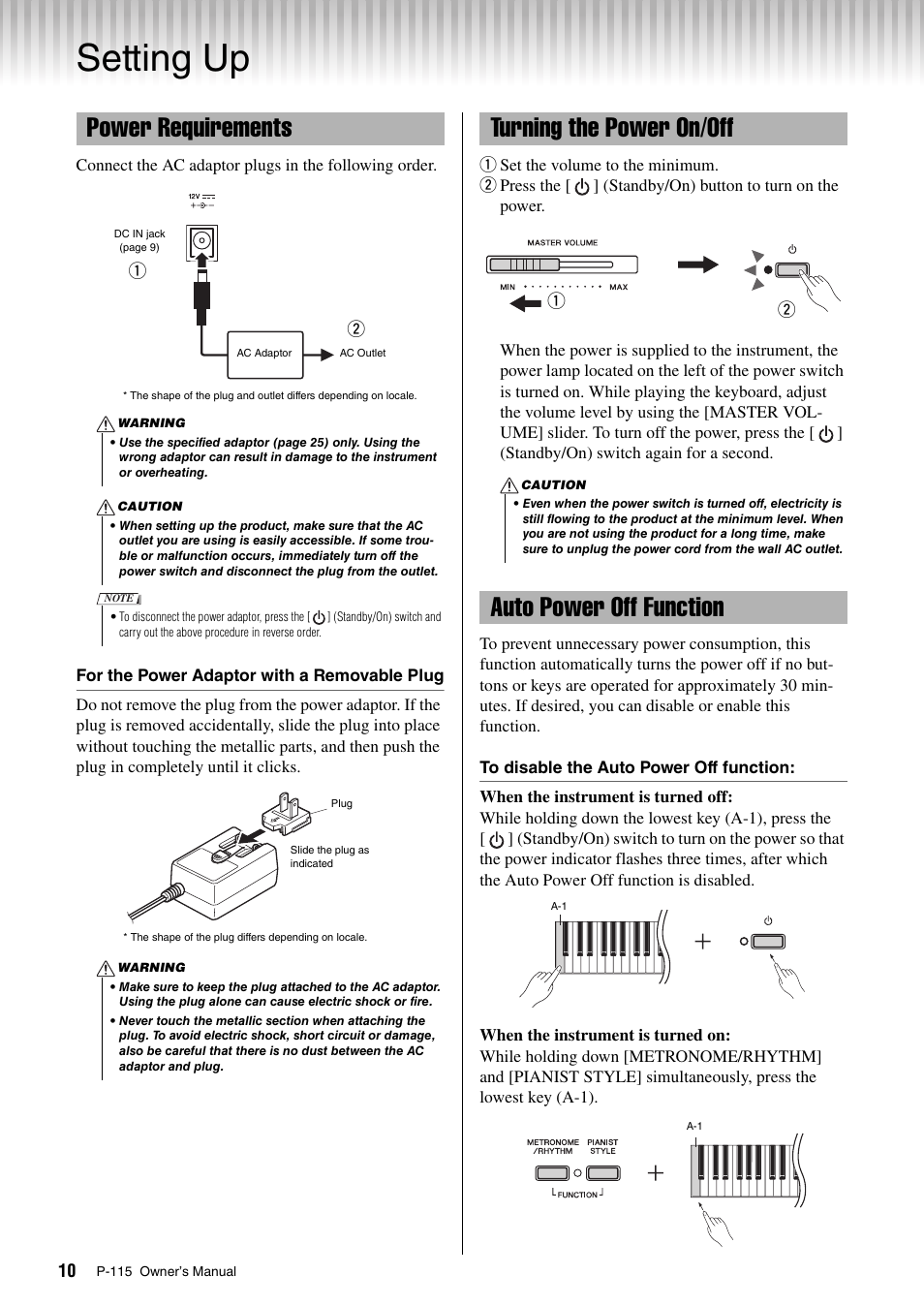 Setting up, Power requirements, Turning the power on/off | Auto power off function | Yamaha P-115 User Manual | Page 10 / 32