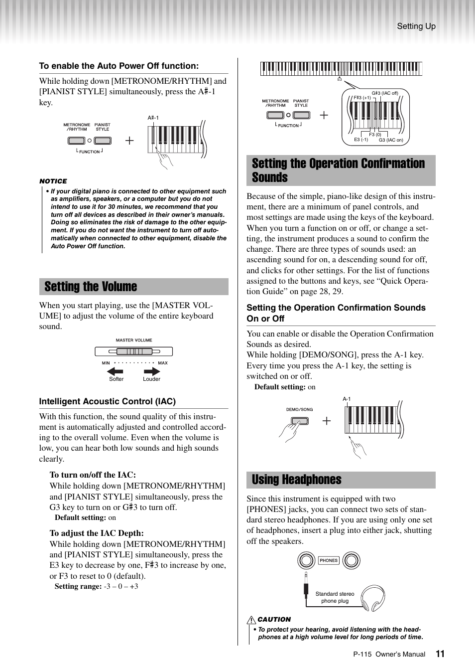 Setting the volume, Setting the operation confirmation sounds, Using headphones | Yamaha P-115 User Manual | Page 11 / 32