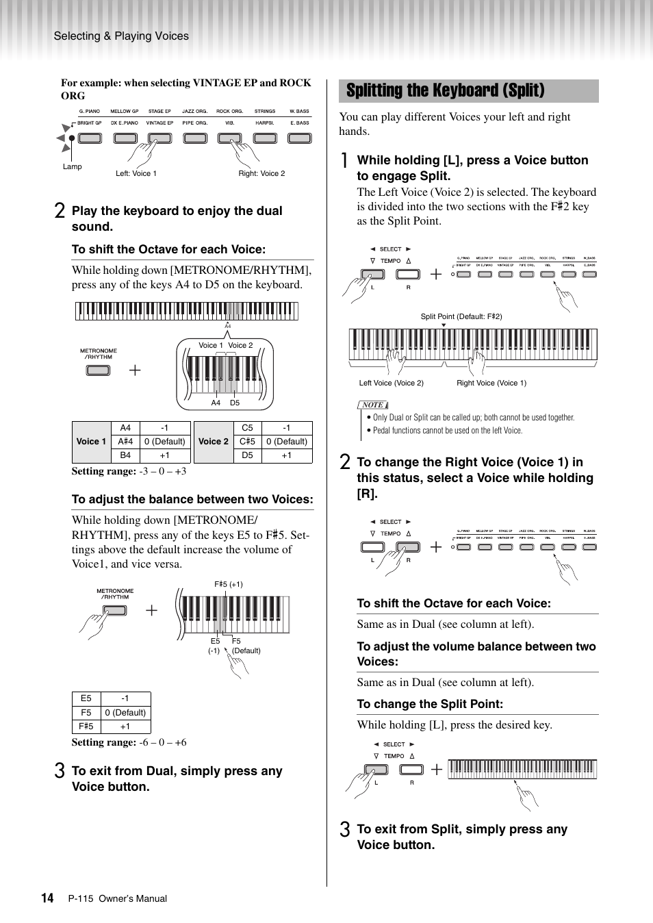 Splitting the keyboard (split) | Yamaha P-115 User Manual | Page 14 / 32