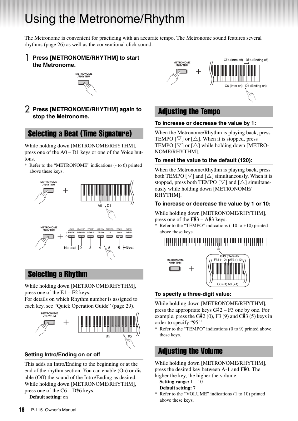 Using the metronome/rhythm, Selecting a beat (time signature), Selecting a rhythm | Adjusting the tempo, Adjusting the volume, Adjusting the tempo adjusting the volume | Yamaha P-115 User Manual | Page 18 / 32