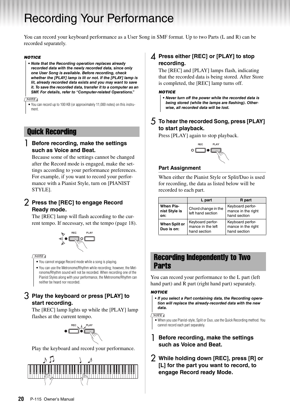 Recording your performance, Quick recording, Recording independently to two parts | Yamaha P-115 User Manual | Page 20 / 32