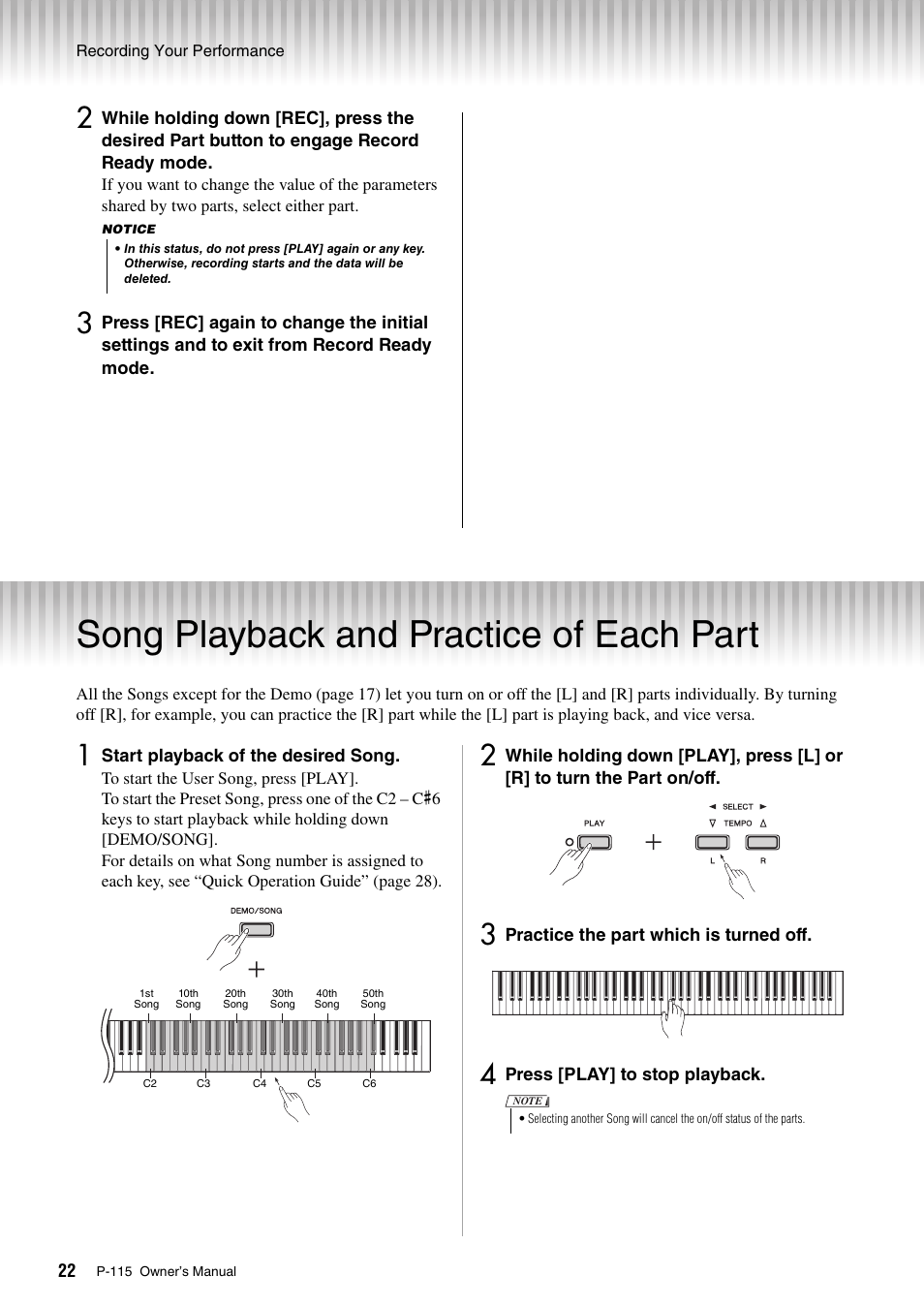 Song playback and practice of each part | Yamaha P-115 User Manual | Page 22 / 32