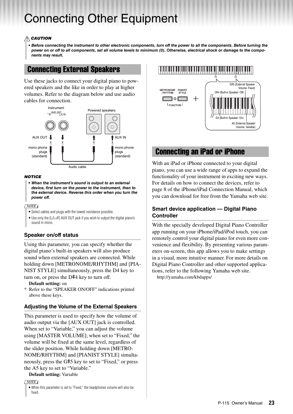 Connecting other equipment, Connecting external speakers, Connecting an ipad or iphone | Yamaha P-115 User Manual | Page 23 / 32