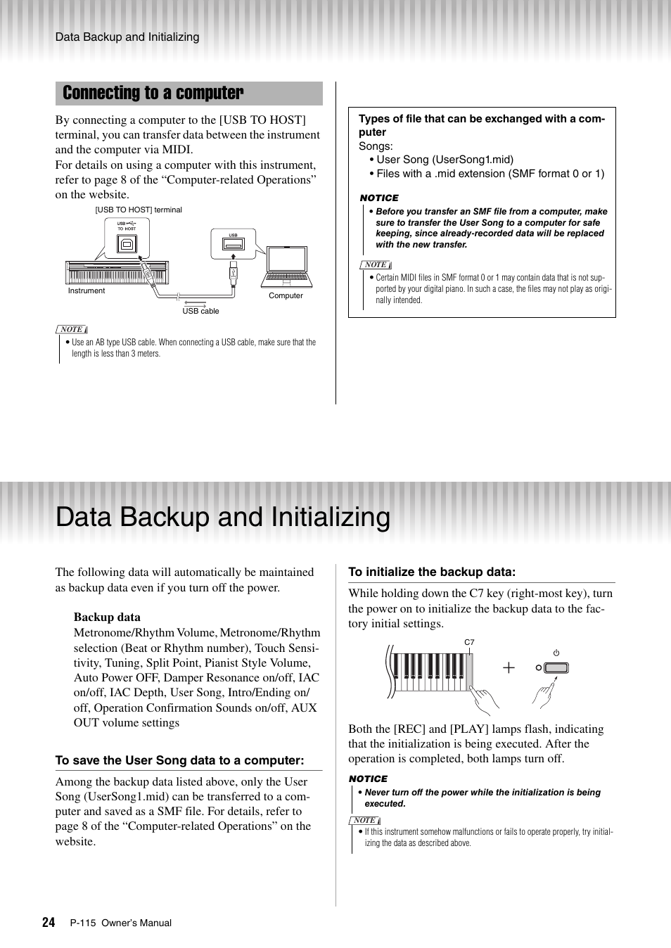 Connecting to a computer, Data backup and initializing | Yamaha P-115 User Manual | Page 24 / 32