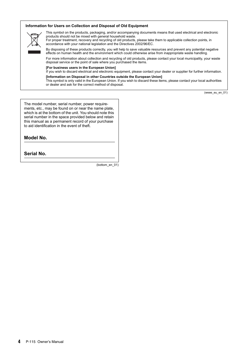 Model no. serial no | Yamaha P-115 User Manual | Page 4 / 32