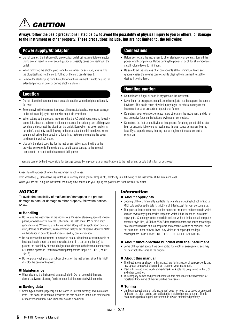 Caution, Notice, Information | Yamaha P-115 User Manual | Page 6 / 32