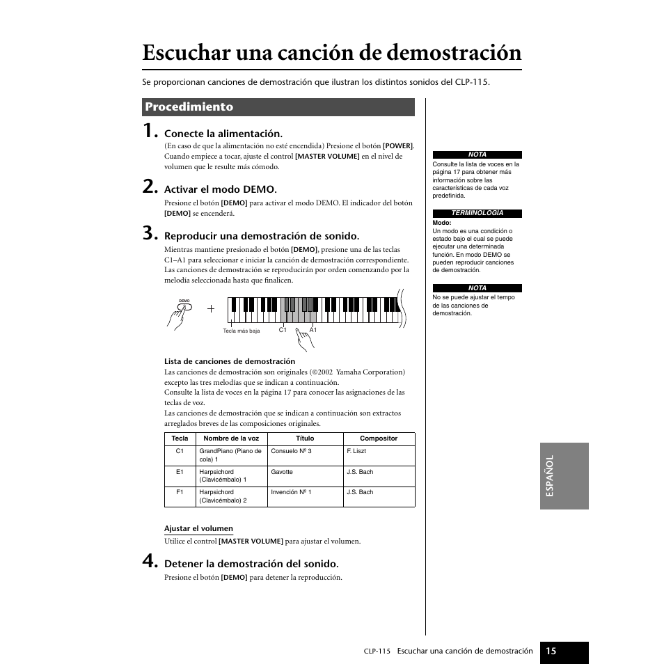 Escuchar una canción de demostración, P15–16, Procedimiento | Yamaha P-115 User Manual | Page 15 / 46