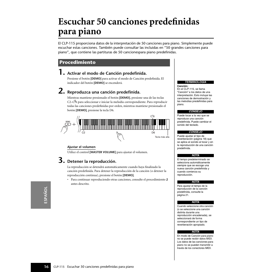 Escuchar 50 canciones predefinidas para piano, Escuchar 50 canciones predefinidas, Para piano | Procedimiento | Yamaha P-115 User Manual | Page 16 / 46