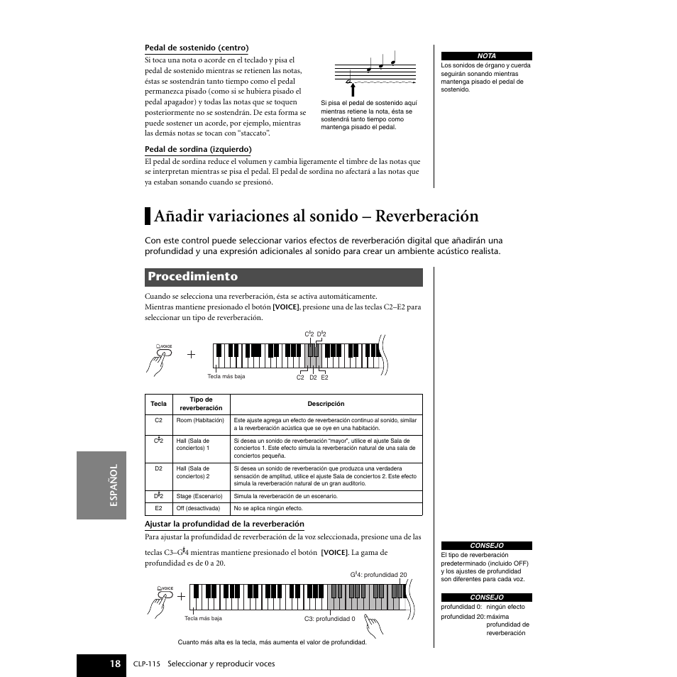 Añadir variaciones al sonido – reverberación, Procedimiento, Esp añol 18 | Yamaha P-115 User Manual | Page 18 / 46