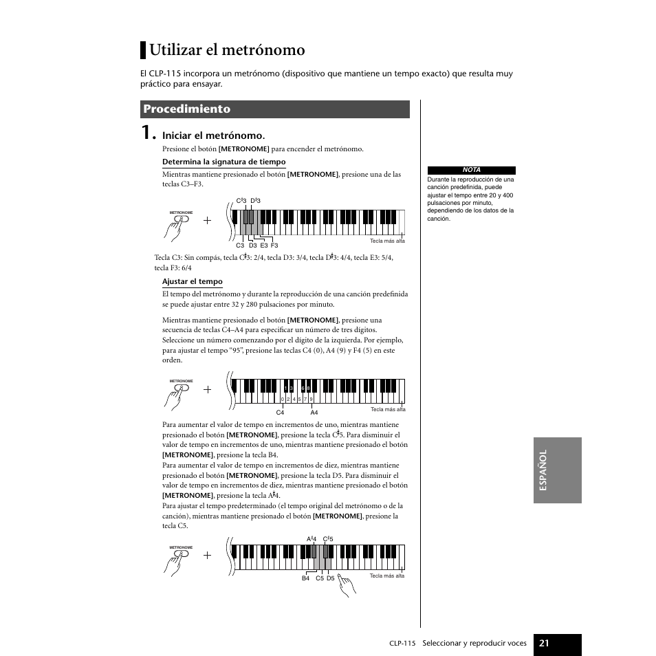 Utilizar el metrónomo, P21–22, Procedimiento | Iniciar el metrónomo, Esp añol 21 | Yamaha P-115 User Manual | Page 21 / 46