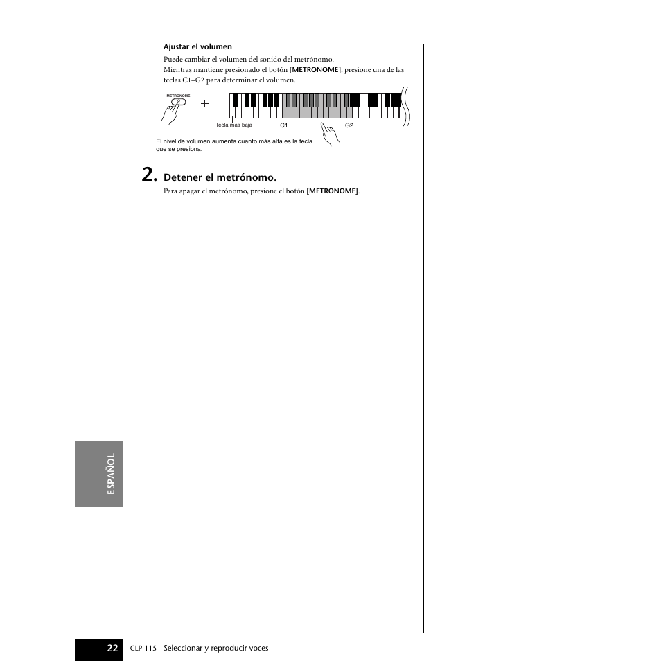 Detener el metrónomo | Yamaha P-115 User Manual | Page 22 / 46