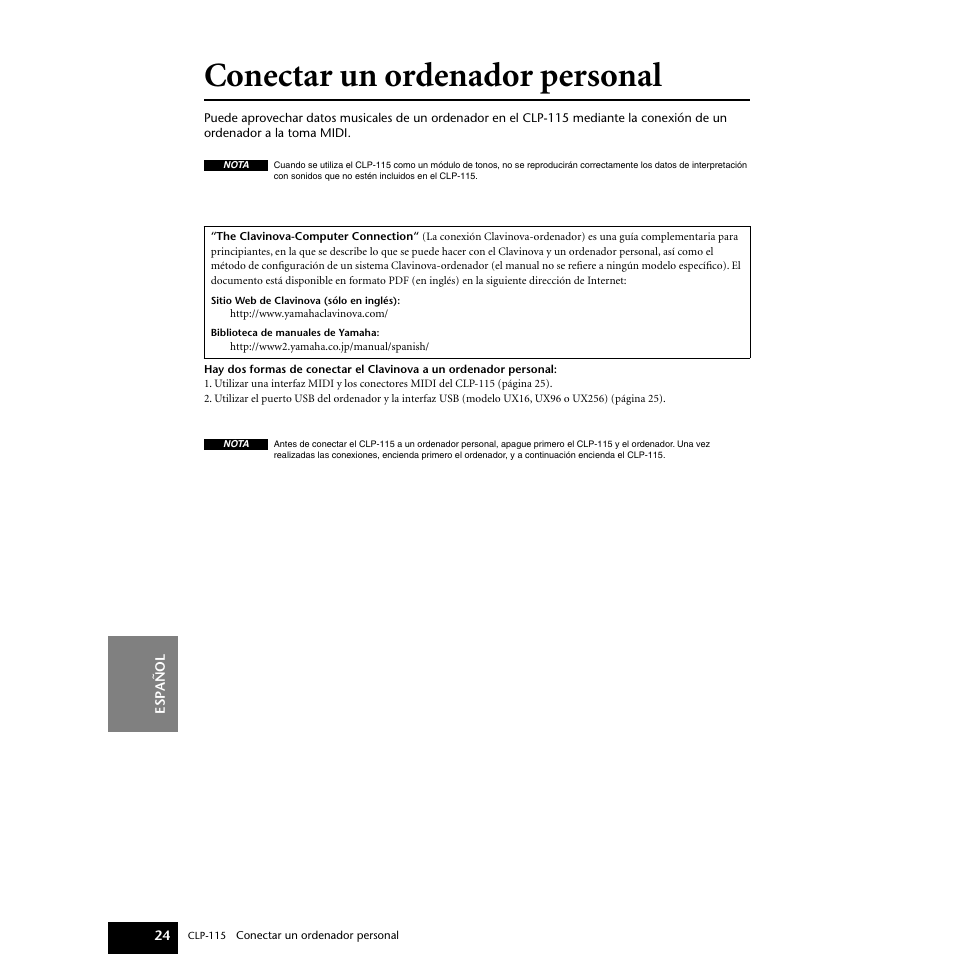 Conectar un ordenador personal | Yamaha P-115 User Manual | Page 24 / 46