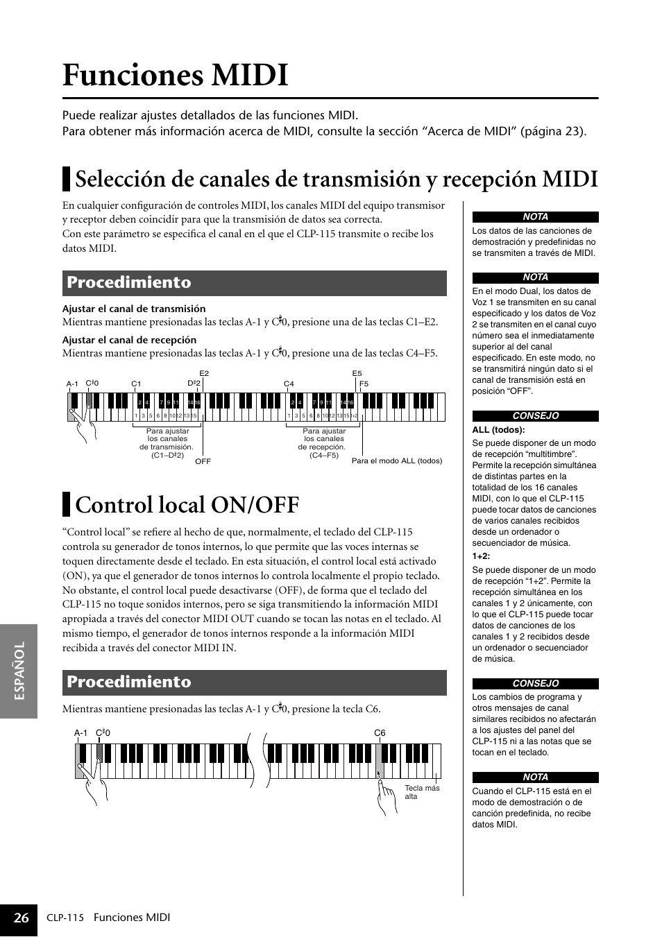 Funciones midi, Control local on/off, Selección de canales de transmisión y | Recepción midi, Procedimiento procedimiento, Esp añol 26 | Yamaha P-115 User Manual | Page 26 / 46
