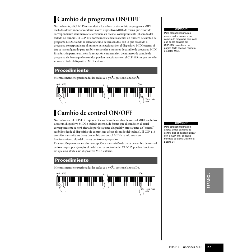 Cambio de programa on/off, Cambio de control on/off, Cambio de programa on/off cambio de control on/off | Procedimiento | Yamaha P-115 User Manual | Page 27 / 46