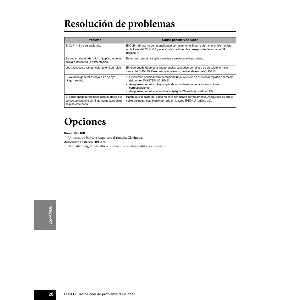 Resolución de problemas, Opciones, Resolución de problemas opciones | Yamaha P-115 User Manual | Page 28 / 46