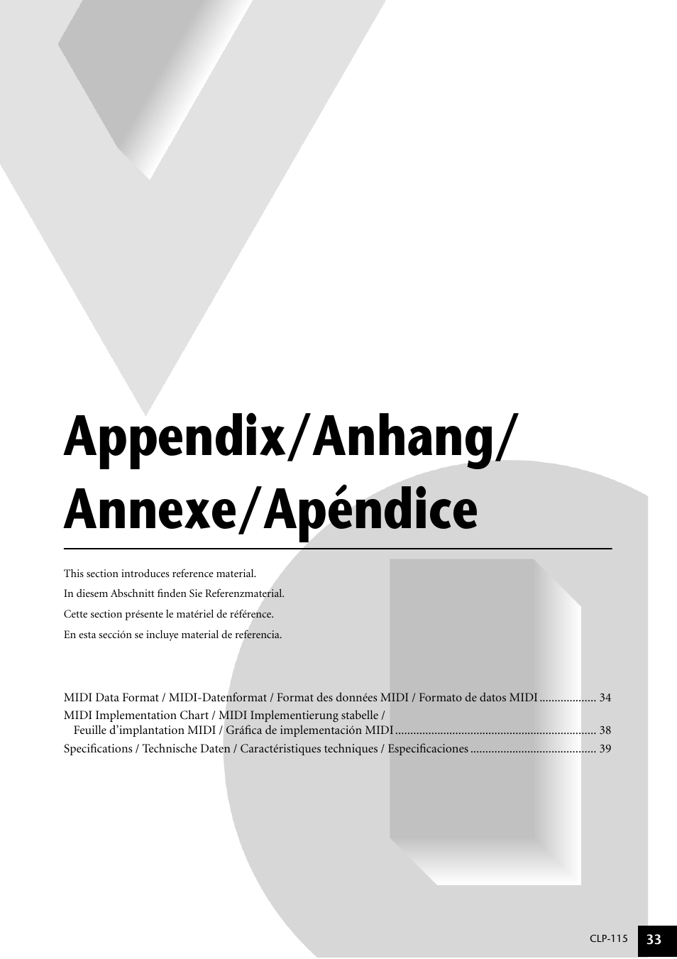 Apéndice, Appendix, Appendix/anhang/ annexe/apéndice | Yamaha P-115 User Manual | Page 33 / 46