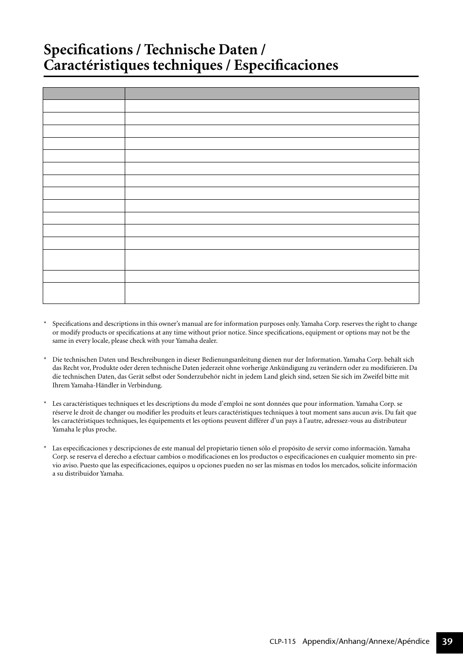Especificaciones, Specifications / technische daten, Caractéristiques techniques / especificaciones | Yamaha P-115 User Manual | Page 39 / 46