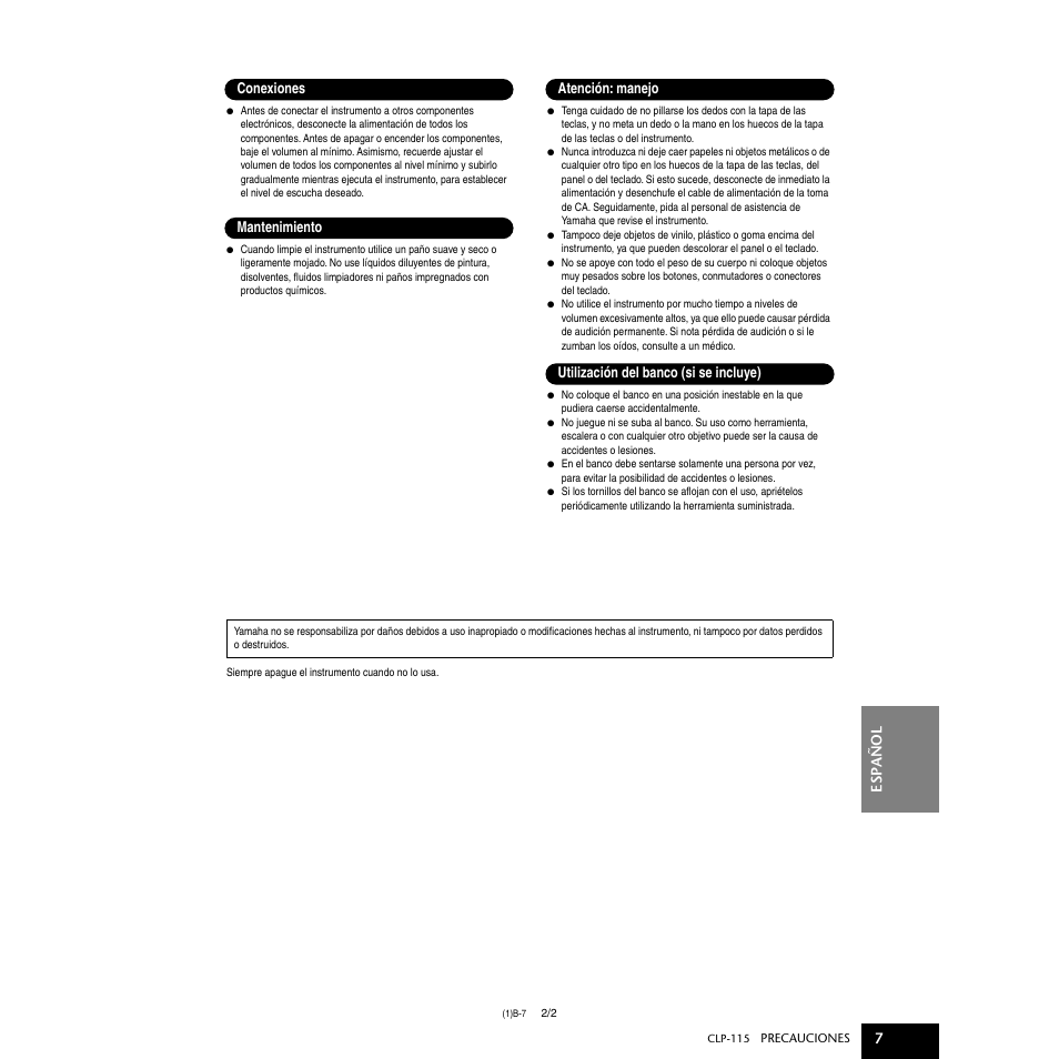 Esp añol 7 | Yamaha P-115 User Manual | Page 7 / 46