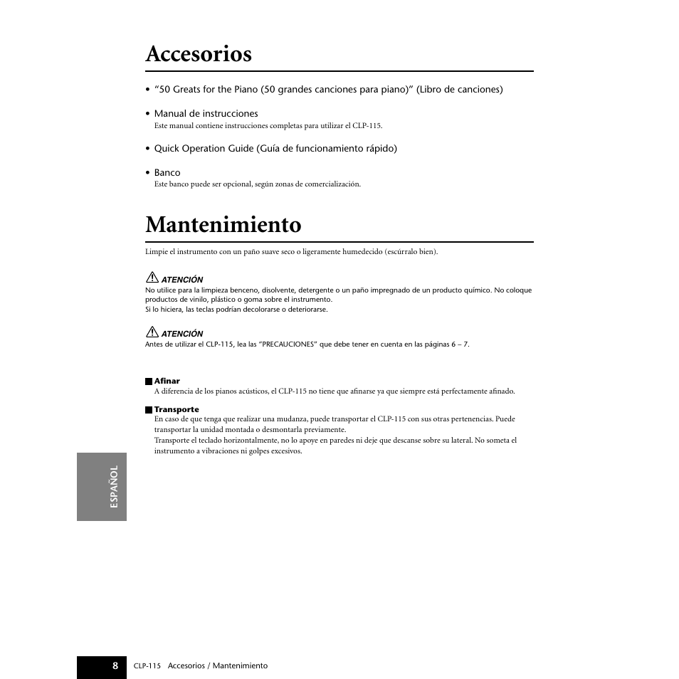 Accesorios, Mantenimiento | Yamaha P-115 User Manual | Page 8 / 46
