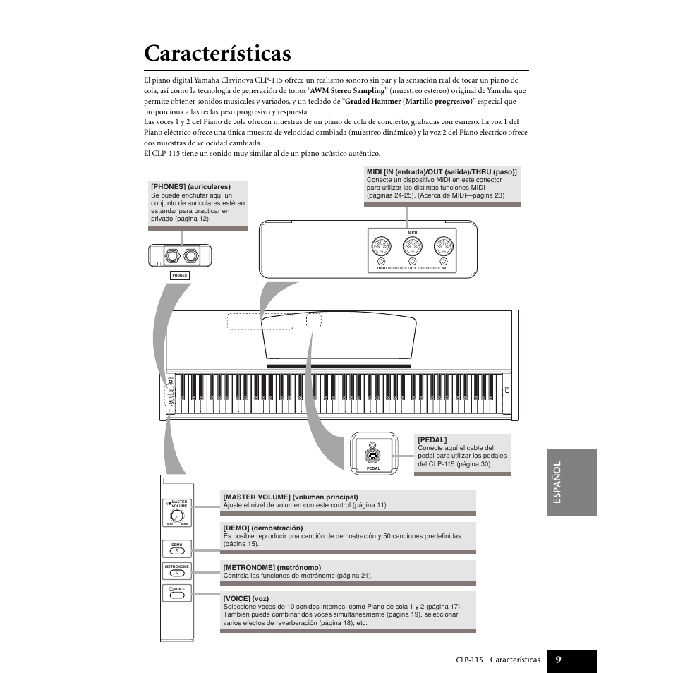 Características, Esp añol 9 | Yamaha P-115 User Manual | Page 9 / 46