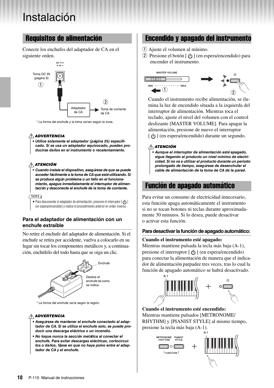Instalación, Requisitos de alimentación, Encendido y apagado del instrumento | Función de apagado automático | Yamaha P-115 User Manual | Page 10 / 30