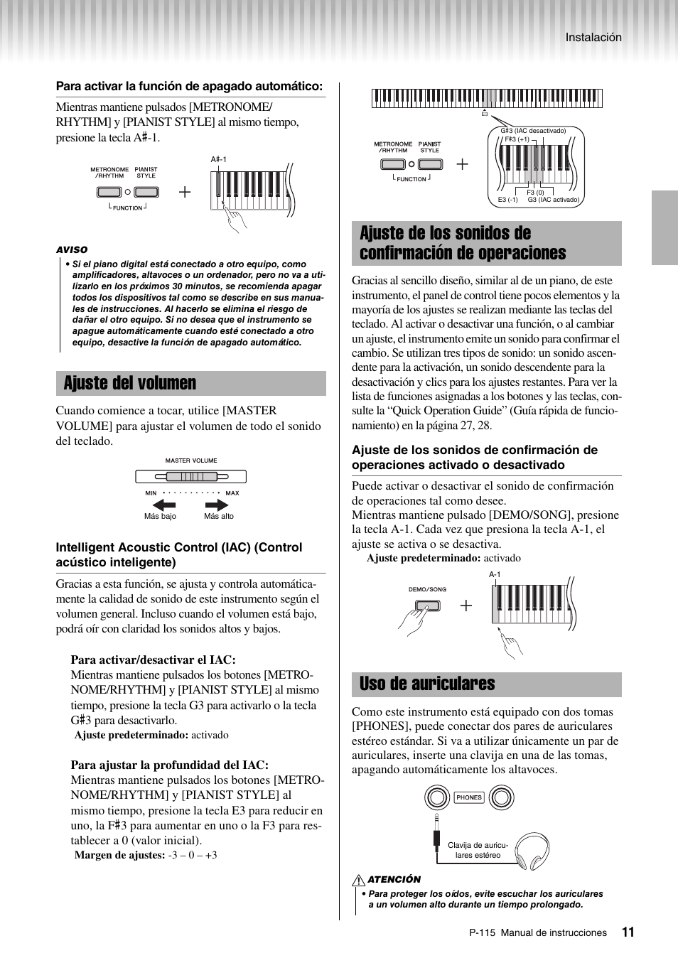 Ajuste del volumen, Uso de auriculares, Ajuste de los sonidos de confirmación | De operaciones | Yamaha P-115 User Manual | Page 11 / 30