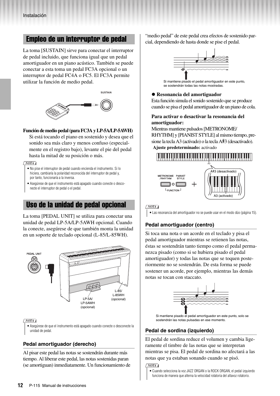 Empleo de un interruptor de pedal, Uso de la unidad de pedal opcional | Yamaha P-115 User Manual | Page 12 / 30