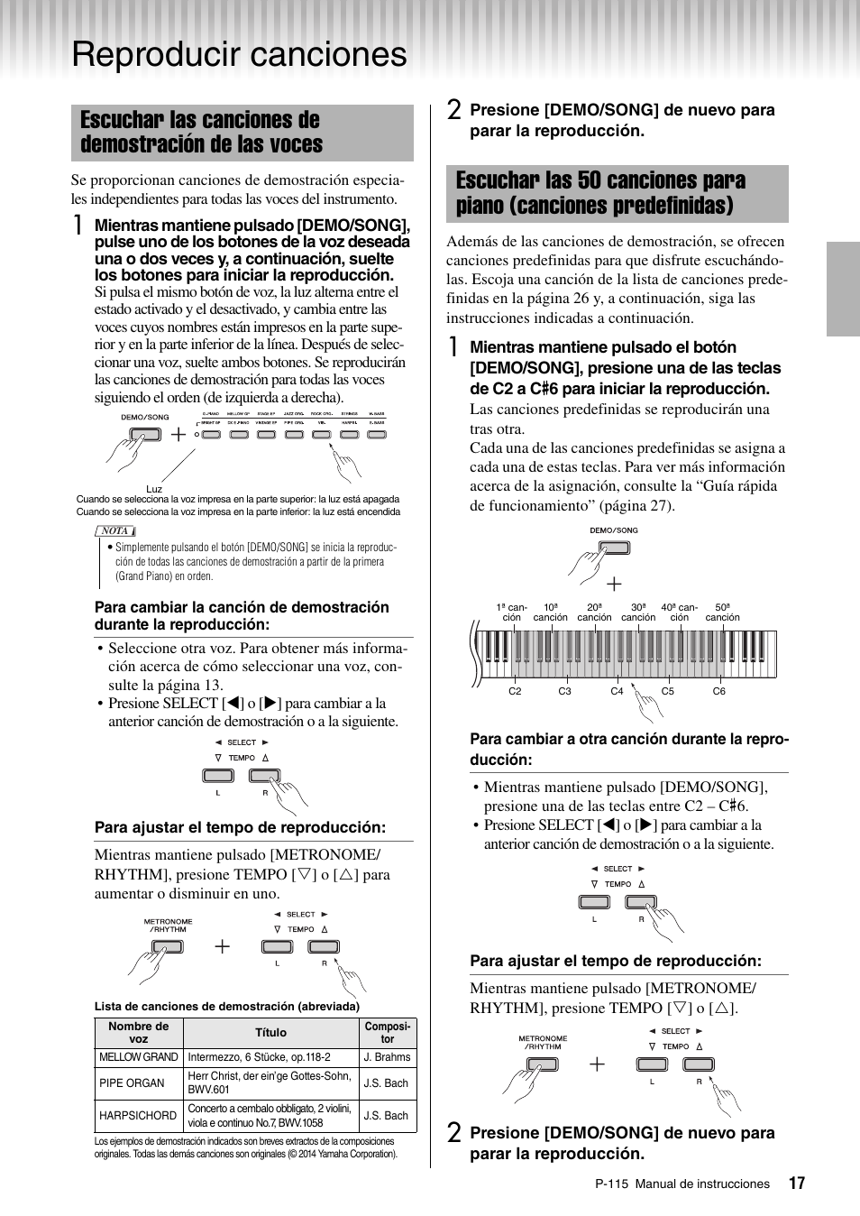 Reproducir canciones, Escuchar las canciones de demostración, De las voces | Escuchar las 50 canciones para piano, Canciones predefinidas) | Yamaha P-115 User Manual | Page 17 / 30