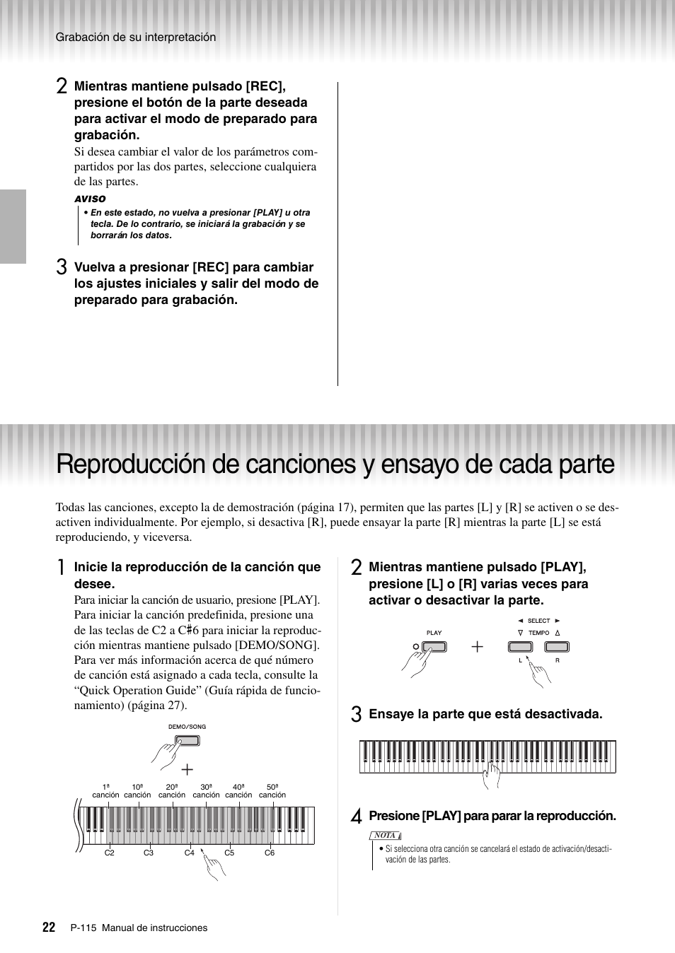 Reproducción de canciones y ensayo de cada parte, Y 22) | Yamaha P-115 User Manual | Page 22 / 30