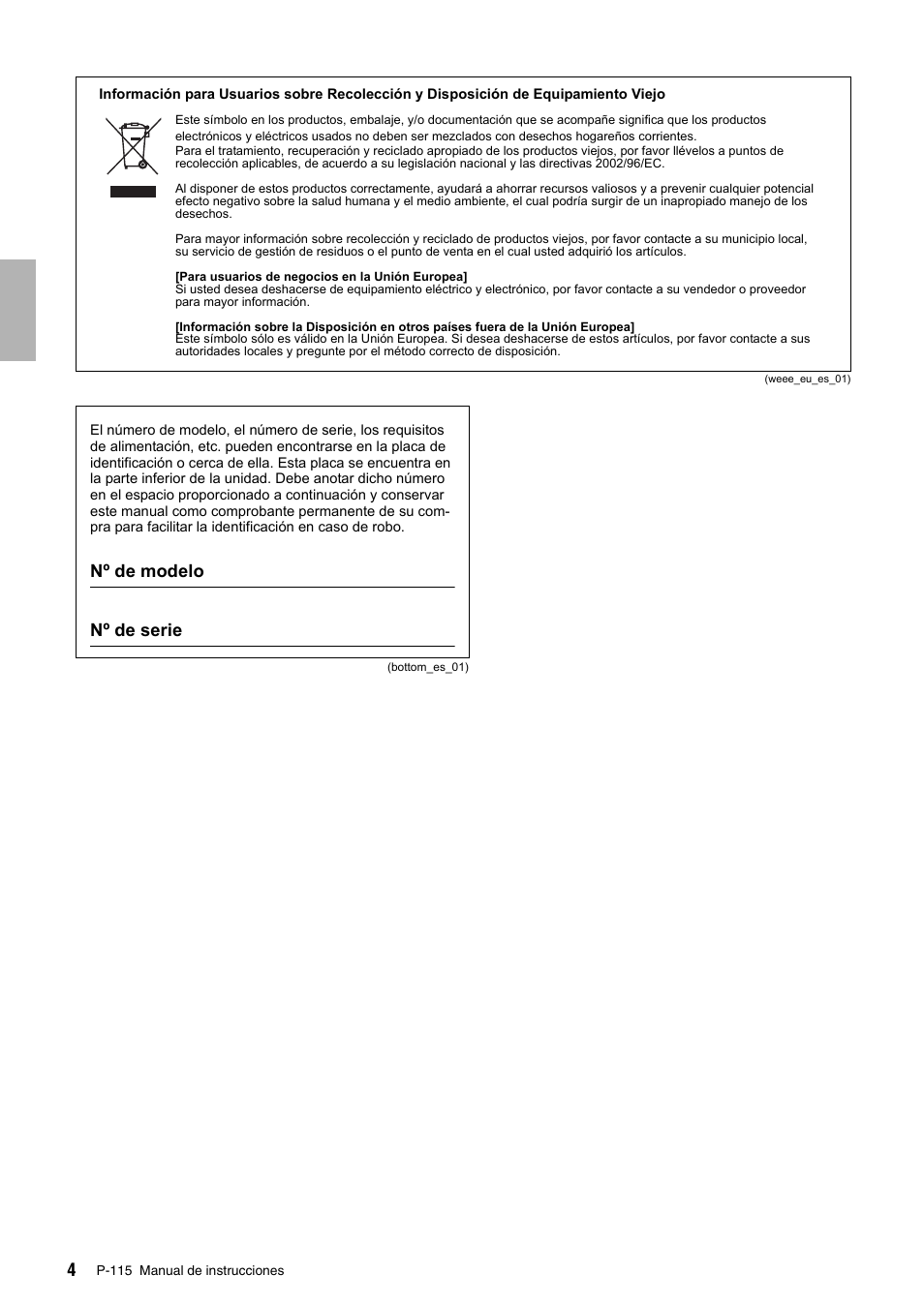 Nº de modelo nº de serie | Yamaha P-115 User Manual | Page 4 / 30