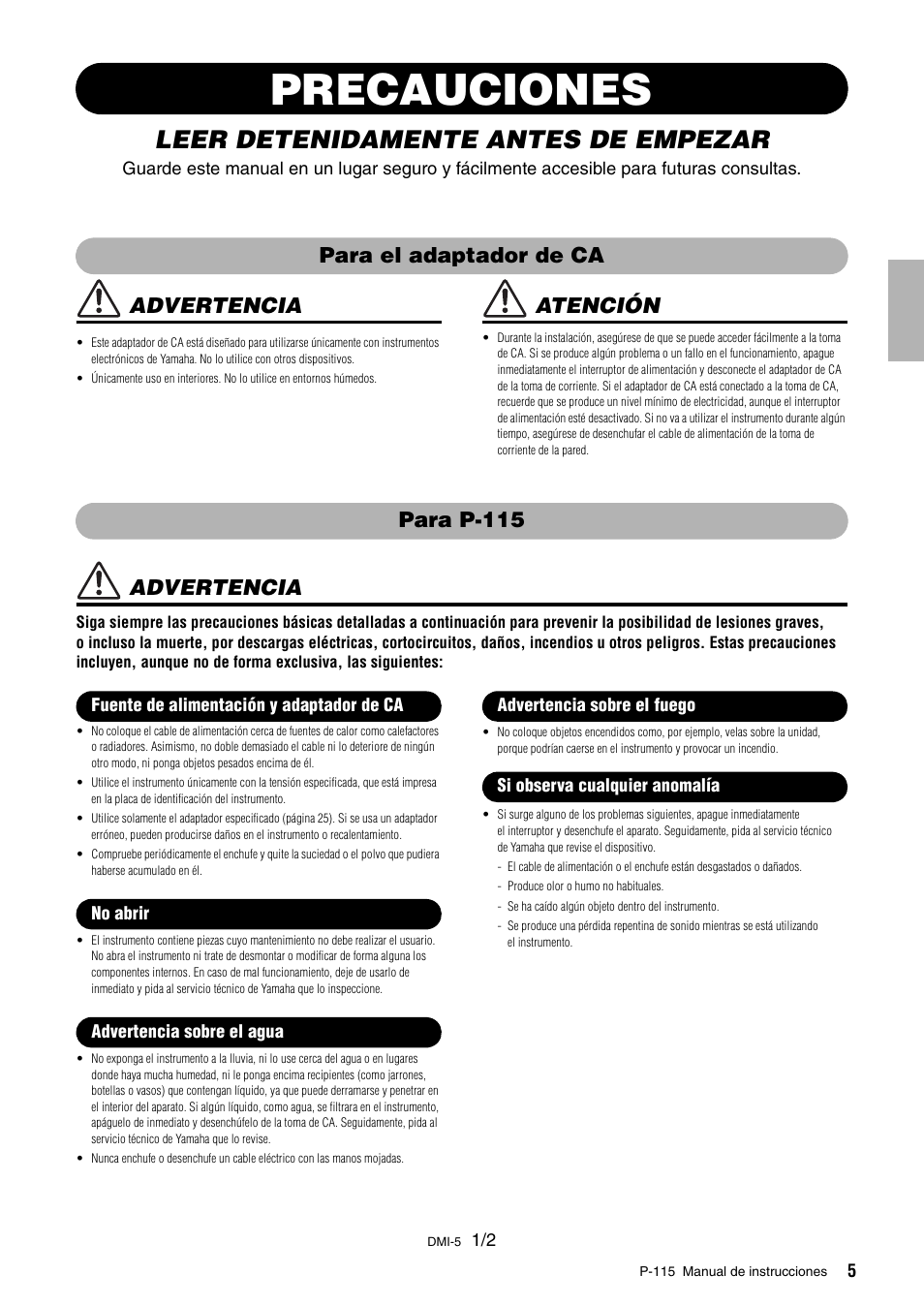 Precauciones, Leer detenidamente antes de empezar, Para el adaptador de ca advertencia | Atención, Para p-115 advertencia | Yamaha P-115 User Manual | Page 5 / 30