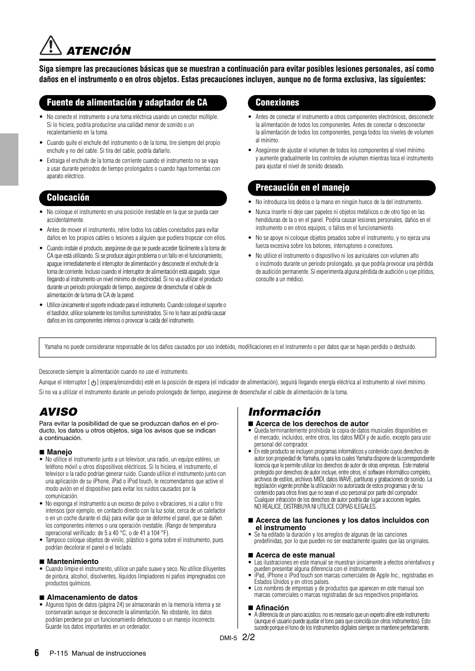 Atención, Aviso, Información | Yamaha P-115 User Manual | Page 6 / 30