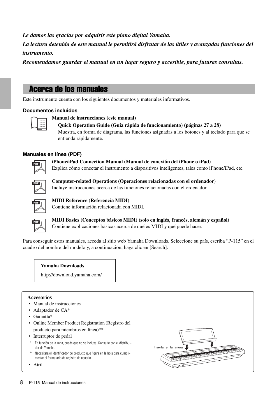 Acerca de los manuales, Accesorios | Yamaha P-115 User Manual | Page 8 / 30