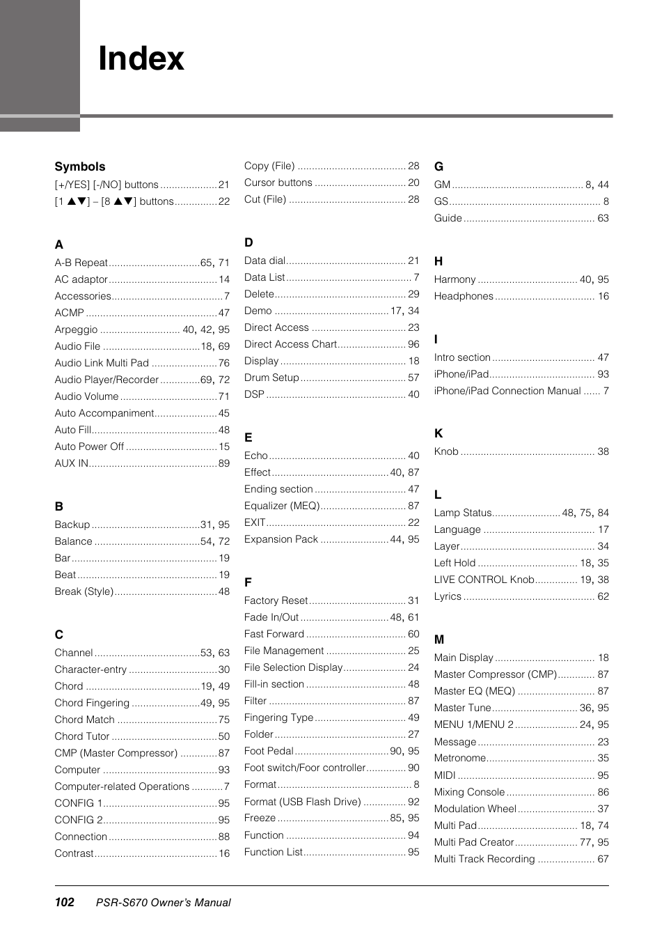 Index | Yamaha PSR-S670 User Manual | Page 102 / 108