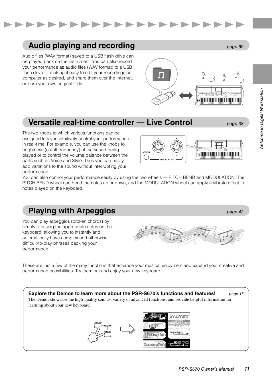 Audio playing and recording, Versatile real-time controller — live control, Playing with arpeggios | Yamaha PSR-S670 User Manual | Page 11 / 108