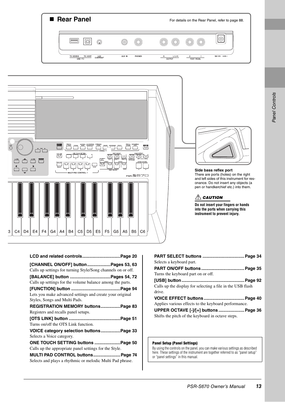 Rear panel | Yamaha PSR-S670 User Manual | Page 13 / 108