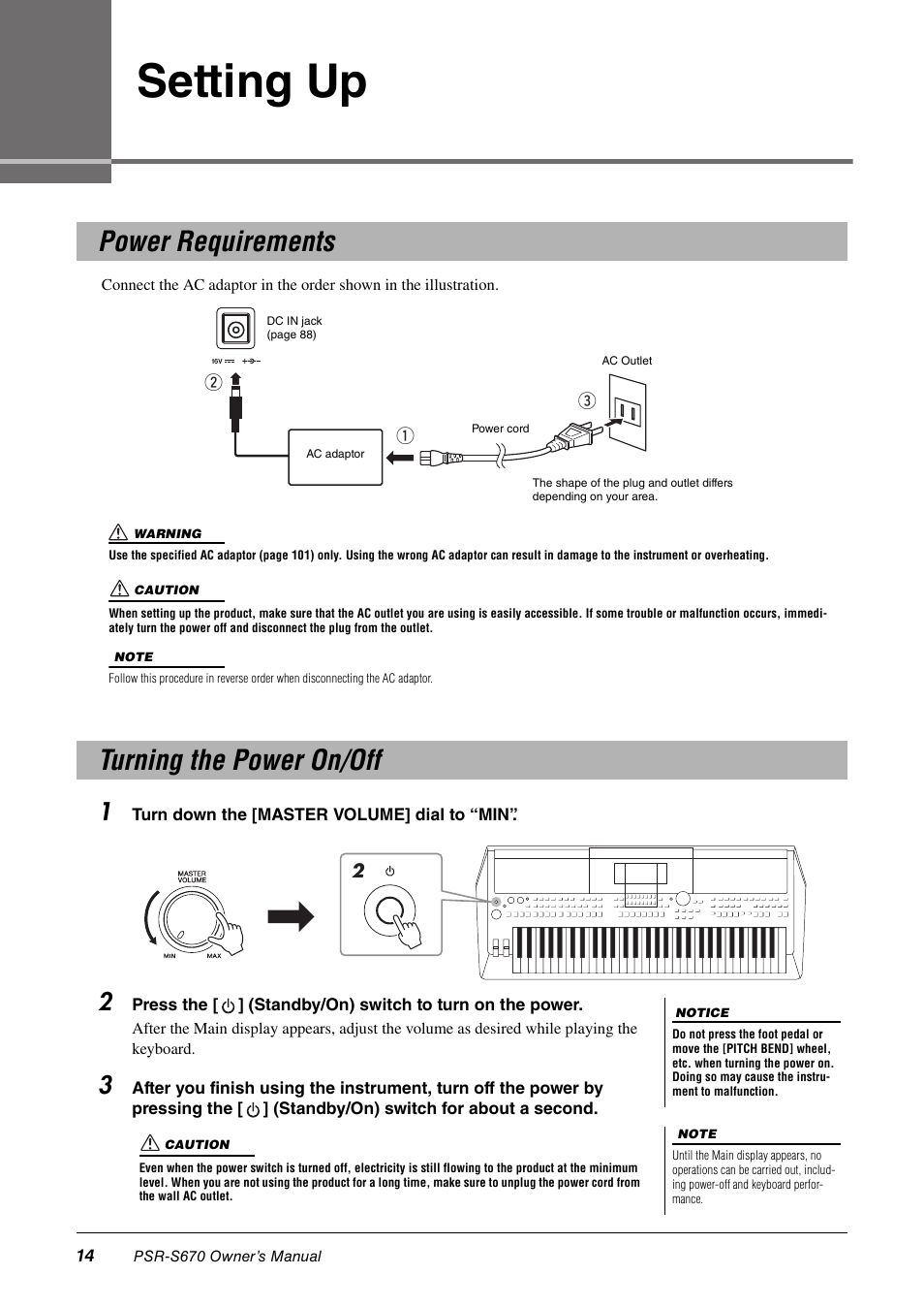 Setting up, Power requirements, Turning the power on/off | Power requirements turning the power on/off | Yamaha PSR-S670 User Manual | Page 14 / 108