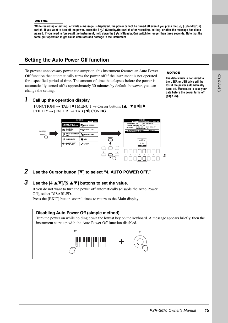 Setting the auto power off function | Yamaha PSR-S670 User Manual | Page 15 / 108