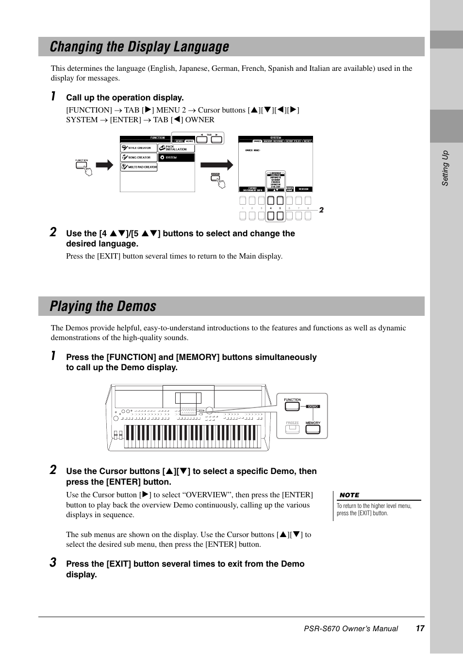 Changing the display language, Playing the demos, Changing the display language playing the demos | Yamaha PSR-S670 User Manual | Page 17 / 108