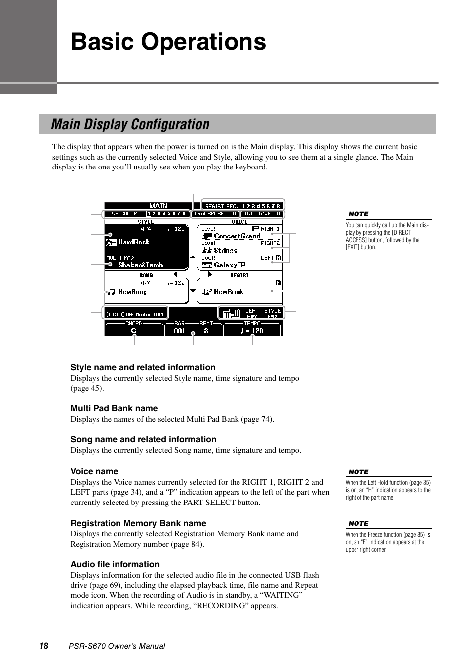 Basic operations, Main display configuration | Yamaha PSR-S670 User Manual | Page 18 / 108