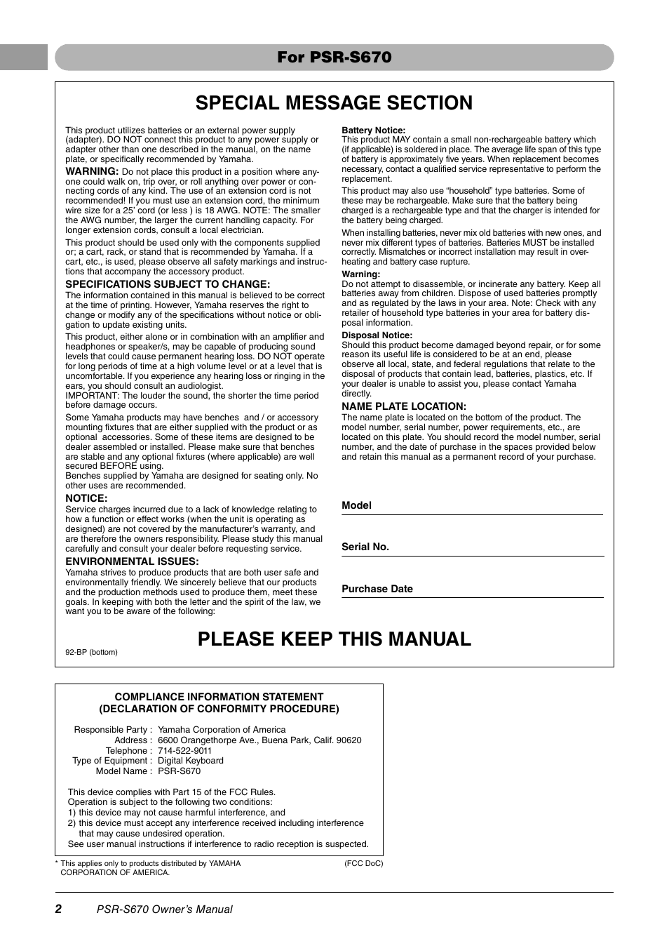 Please keep this manual, For psr-s670 | Yamaha PSR-S670 User Manual | Page 2 / 108
