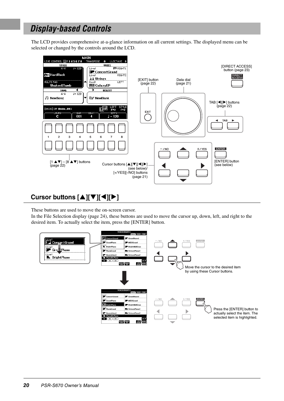 Display-based controls, Cursor buttons [  ][  ][ e ][ f | Yamaha PSR-S670 User Manual | Page 20 / 108
