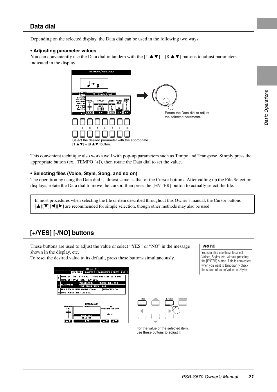 Data dial, Yes] [-/no] buttons | Yamaha PSR-S670 User Manual | Page 21 / 108