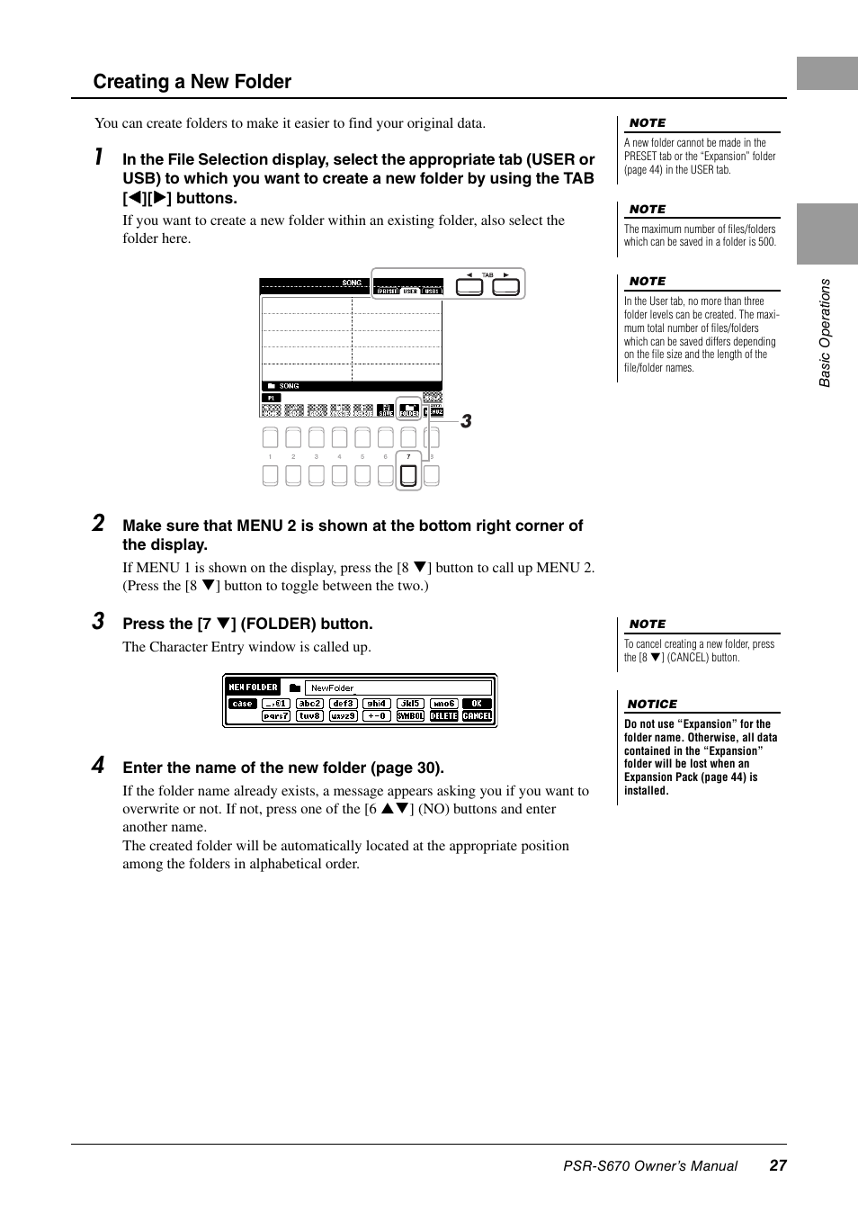 Creating a new folder | Yamaha PSR-S670 User Manual | Page 27 / 108