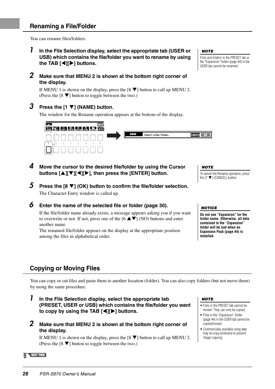 Renaming a file/folder, Copying or moving files | Yamaha PSR-S670 User Manual | Page 28 / 108