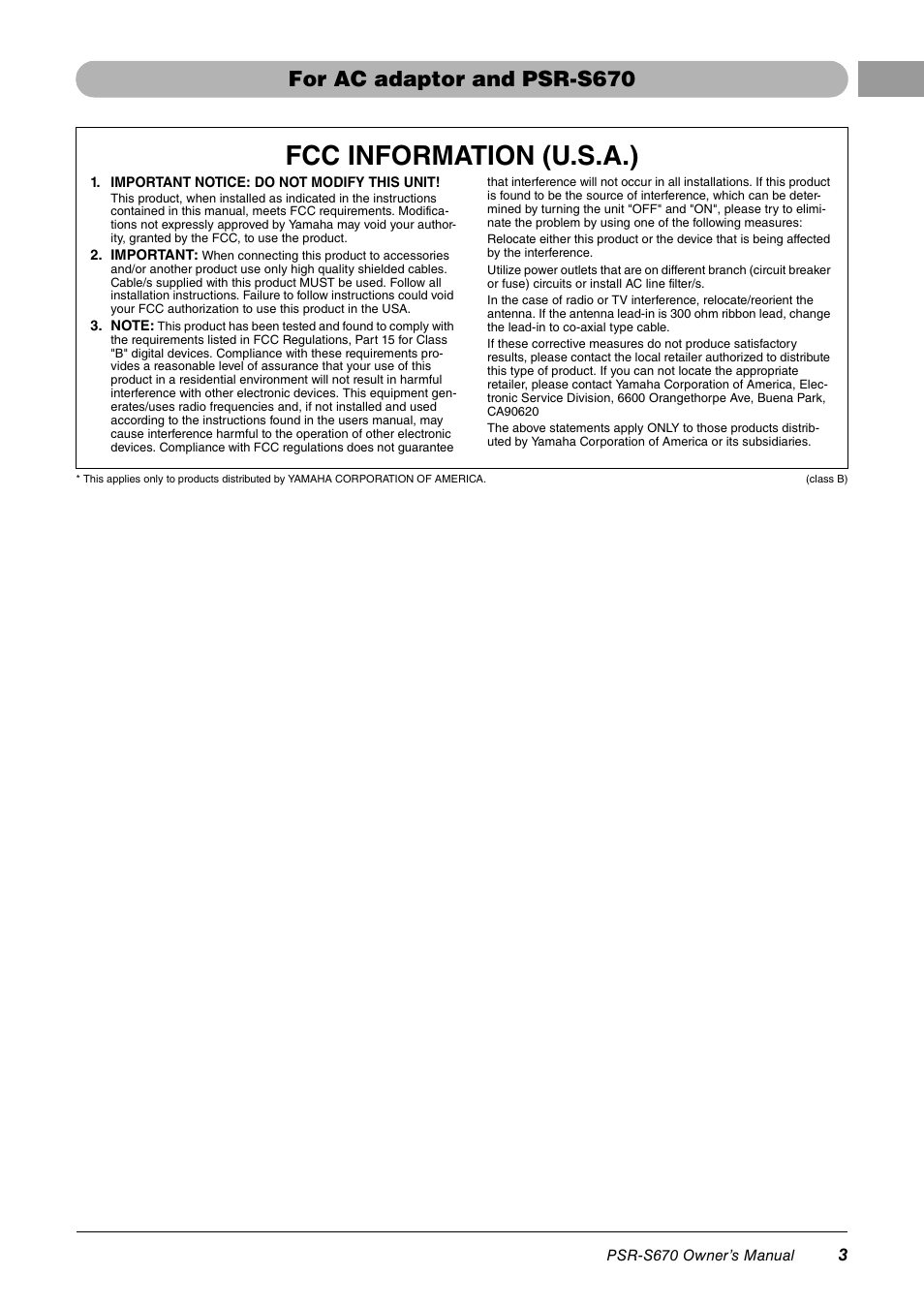 Fcc information (u.s.a.), For ac adaptor and psr-s670 | Yamaha PSR-S670 User Manual | Page 3 / 108