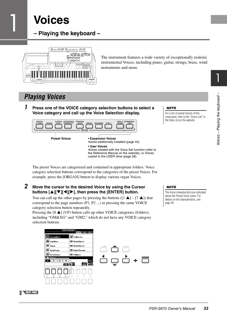Voices – playing the keyboard, Playing voices, Voices | Yamaha PSR-S670 User Manual | Page 33 / 108