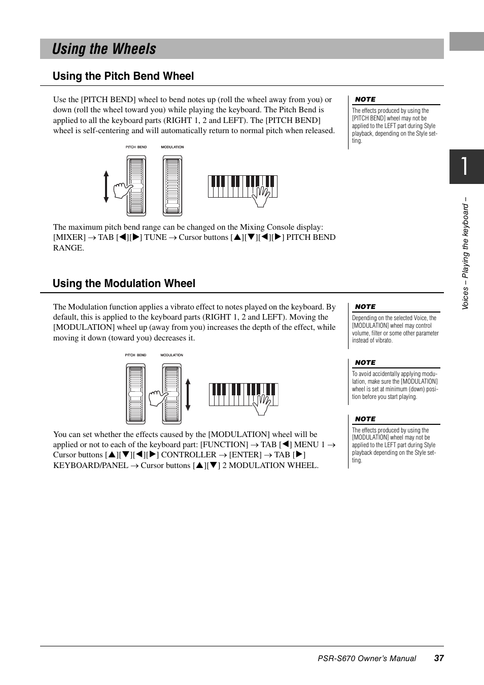 Using the wheels, Using the pitch bend wheel, Using the modulation wheel | Yamaha PSR-S670 User Manual | Page 37 / 108