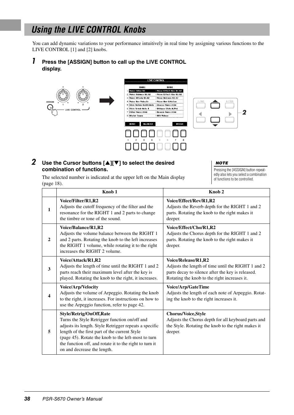Using the live control knobs | Yamaha PSR-S670 User Manual | Page 38 / 108